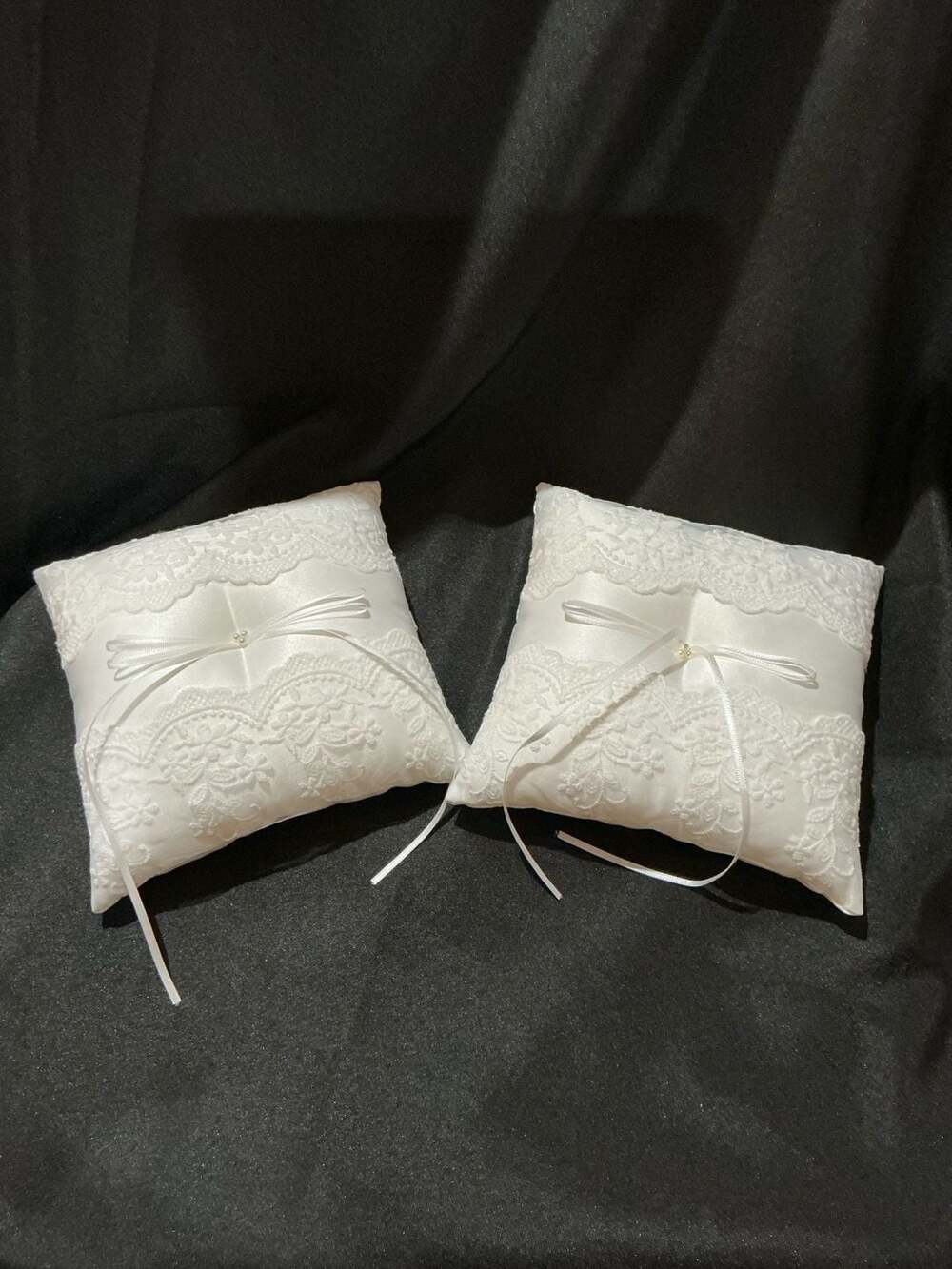 White Satin and Lace Ring Bearer Pillow with Pearl Accents and Ribbons